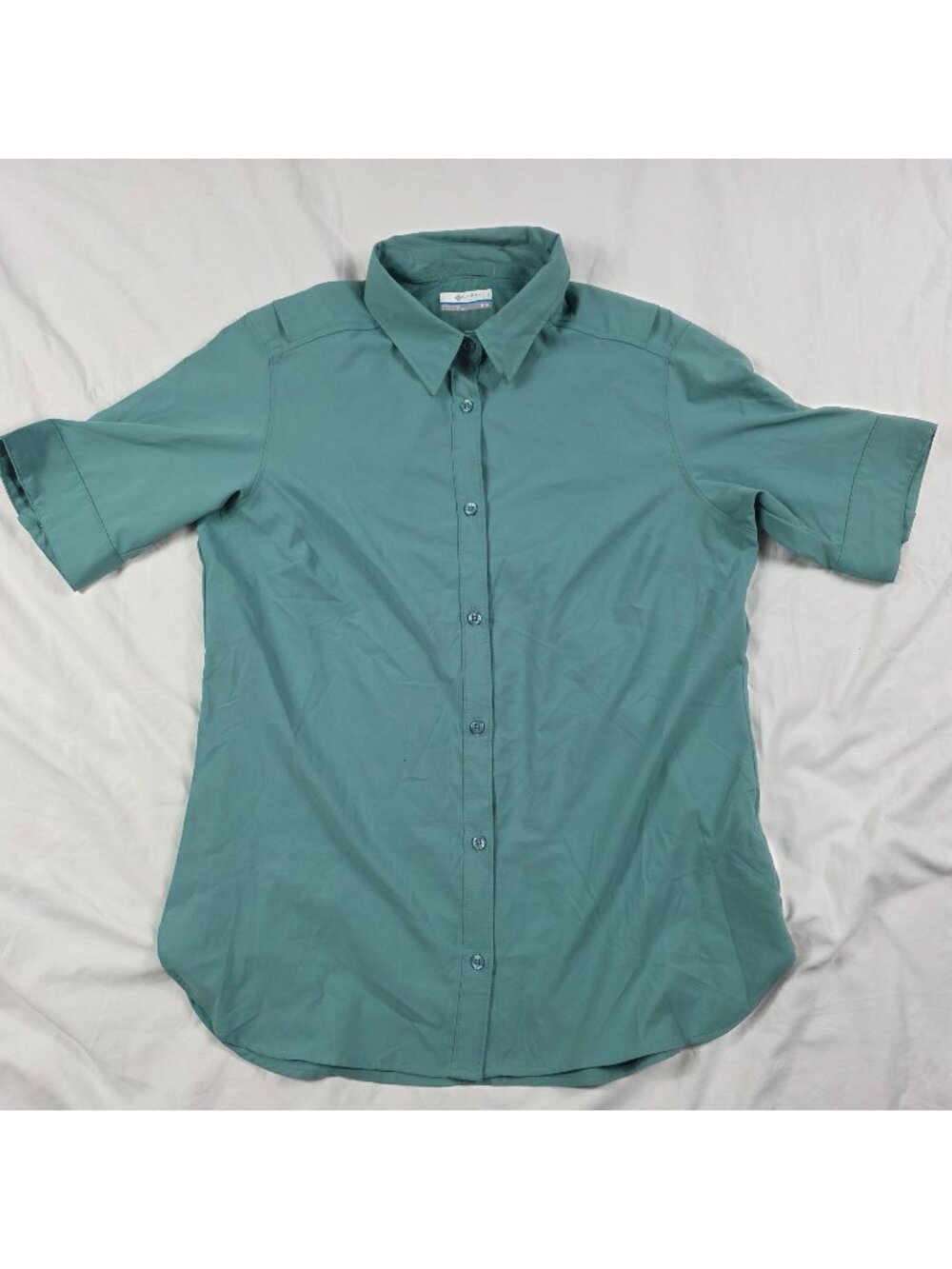 Columbia Womens M Button Front Short Sleeve Shirt Teal Casual Outdoor Hiking Top